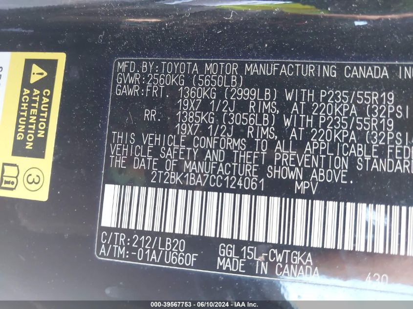 2012 Lexus Rx 350 350 VIN: 2T2BK1BA7CC124061 Lot: 39567753