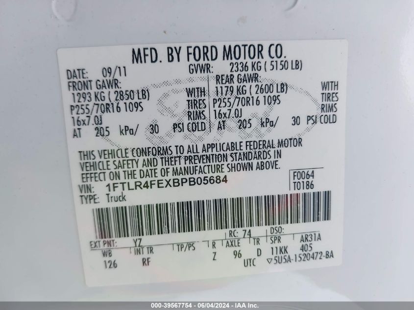 2011 Ford Ranger Xlt VIN: 1FTLR4FEXBPB05684 Lot: 39567754