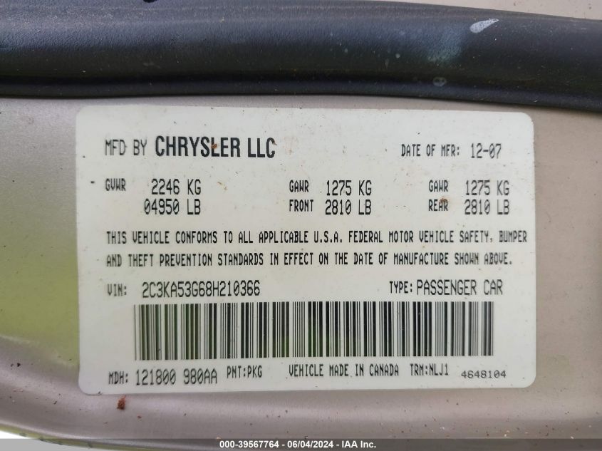 2008 Chrysler 300 Touring VIN: 2C3KA53G68H210366 Lot: 39567764