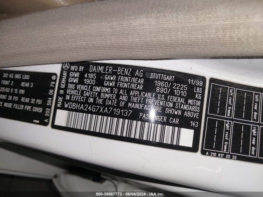 1999 Mercedes-Benz C 230 Kompressor VIN: WDBHA24G7XA719137 Lot: 39567773