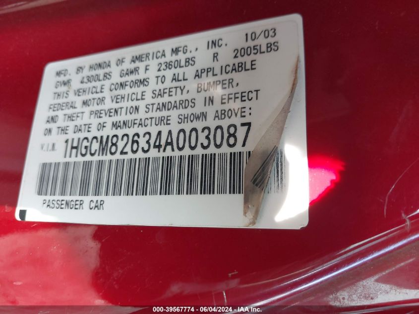 2004 Honda Accord 3.0 Ex VIN: 1HGCM82634A003087 Lot: 39567774