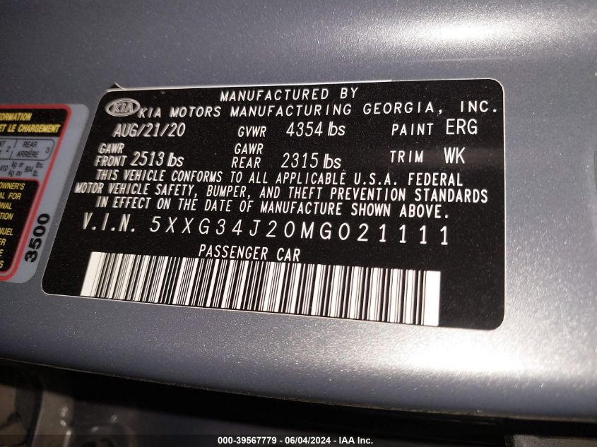2021 Kia K5 Ex VIN: 5XXG34J20MG021111 Lot: 39567779