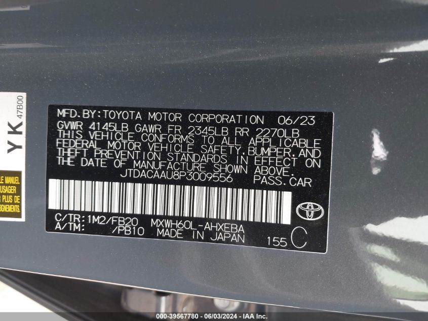 2023 Toyota Prius Le/Xle/Limited VIN: JTDACAAU8P3009556 Lot: 39567780