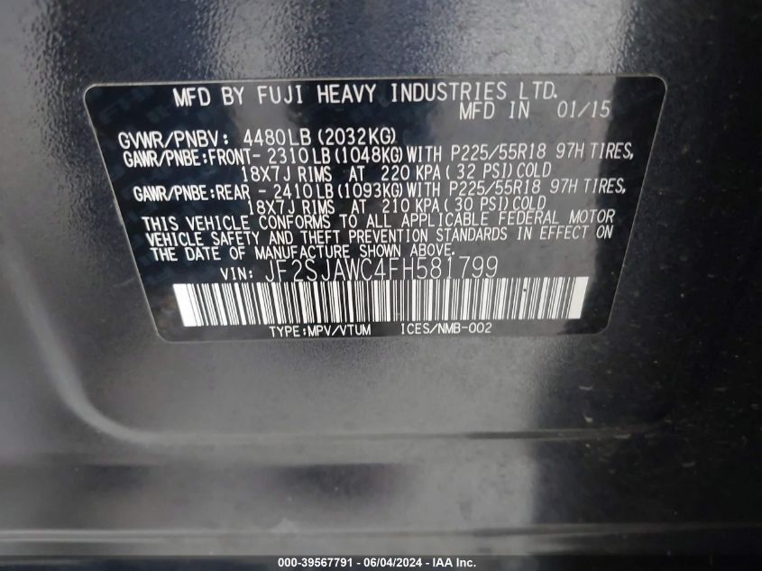 2015 Subaru Forester 2.5I Touring VIN: JF2SJAWC4FH581799 Lot: 39567791
