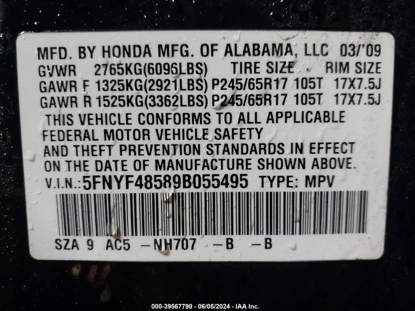 2009 Honda Pilot Ex-L VIN: 5FNYF48589B055495 Lot: 39567798