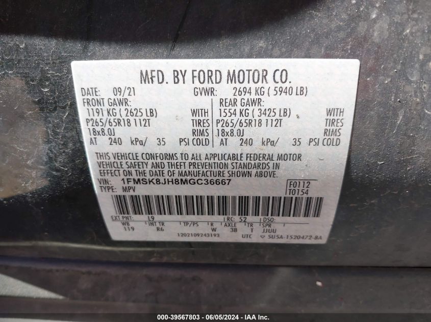 2021 Ford Explorer Timberline VIN: 1FMSK8JH8MGC36667 Lot: 39567803