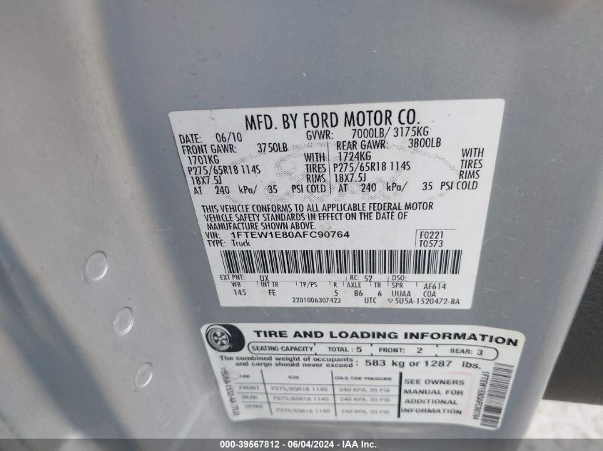 2010 Ford F-150 Xlt VIN: 1FTEW1E80AFC90764 Lot: 39567812