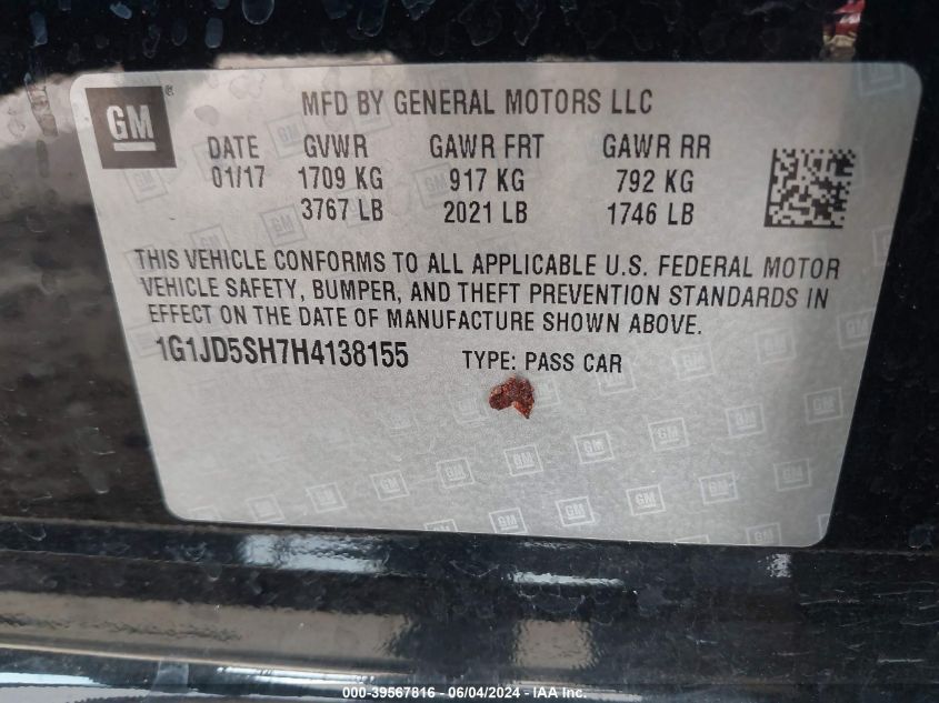 2017 Chevrolet Sonic Lt Auto VIN: 1G1JD5SH7H4138155 Lot: 39567816