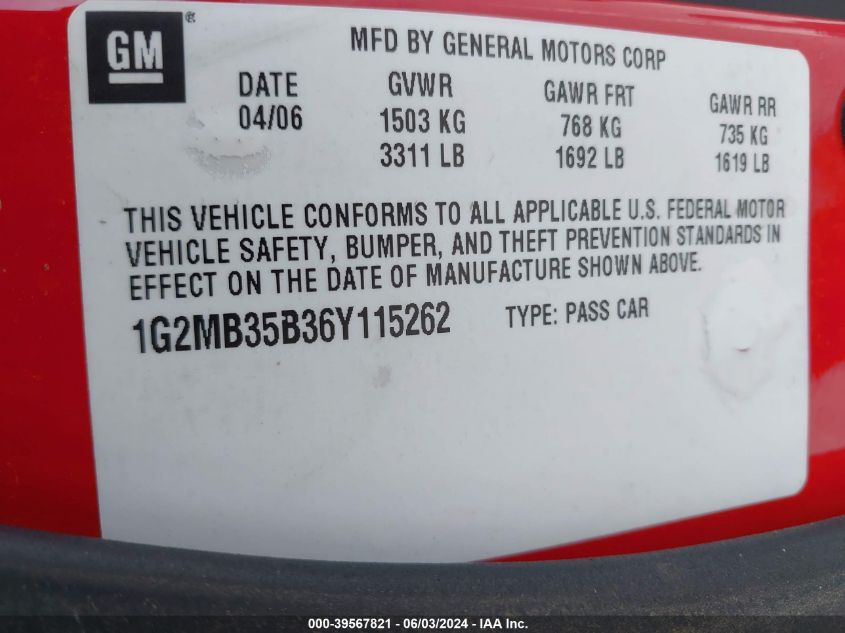 2006 Pontiac Solstice VIN: 1G2MB35B36Y115262 Lot: 39567821