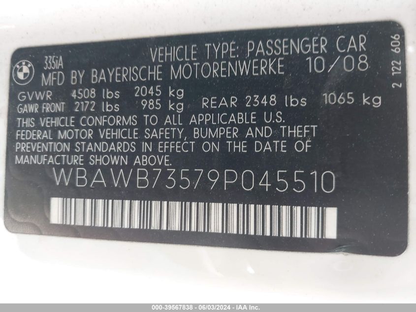 2009 BMW 335I VIN: WBAWB73579P045510 Lot: 39567838