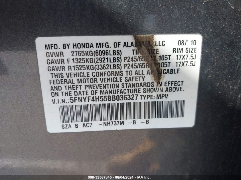 2011 Honda Pilot Ex-L VIN: 5FNYF4H55BB036327 Lot: 39567845