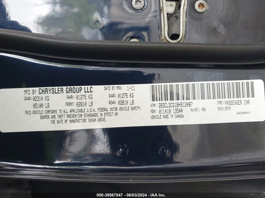 2011 Dodge Charger VIN: 2B3CL3CG1BH512087 Lot: 39567847