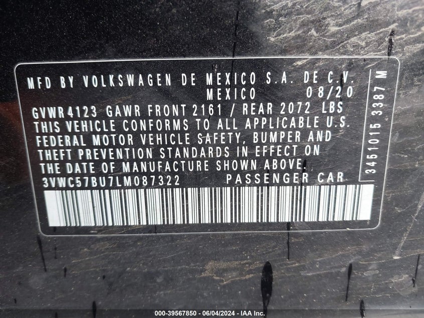 2020 Volkswagen Jetta 1.4T R-Line/1.4T S/1.4T Se VIN: 3VWC57BU7LM087322 Lot: 39567850
