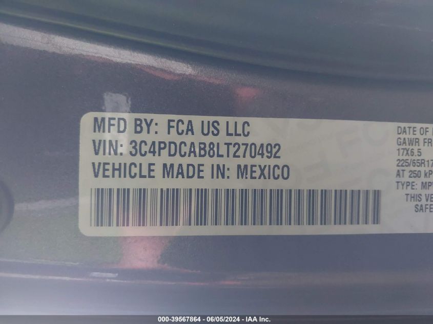 2020 Dodge Journey Se Value VIN: 3C4PDCAB8LT270492 Lot: 39567864