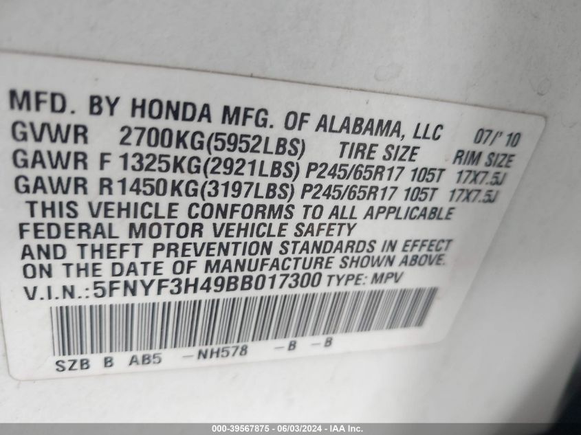 2011 Honda Pilot Ex VIN: 5FNYF3H49BB017300 Lot: 39567875