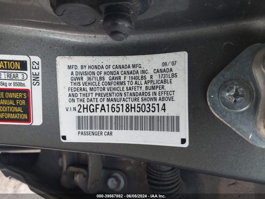 2008 Honda Civic Lx VIN: 2HGFA16518H503514 Lot: 39567882