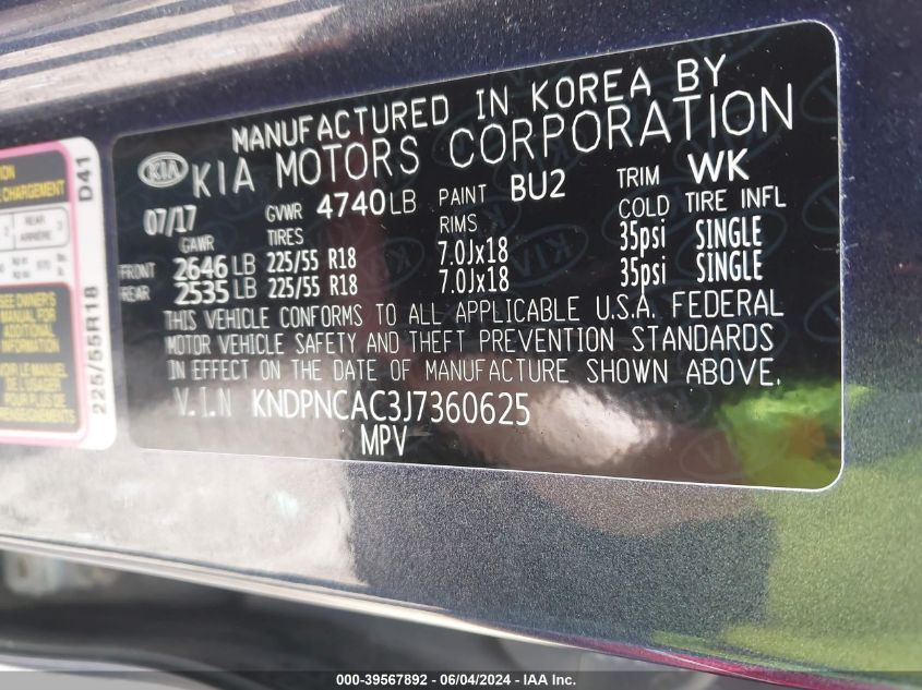 2018 Kia Sportage Ex VIN: KNDPNCAC3J7360625 Lot: 39567892