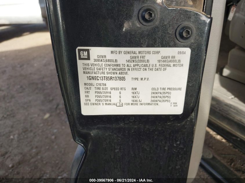 2005 Chevrolet Tahoe Ls VIN: 1GNEC13T85R137805 Lot: 39567906