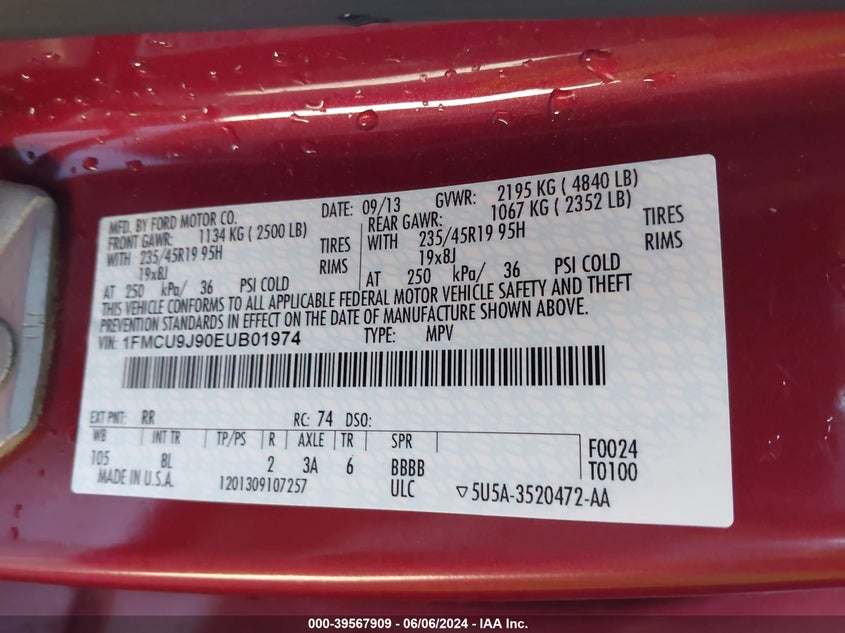 2014 Ford Escape Titanium VIN: 1FMCU9J90EUB01974 Lot: 39567909