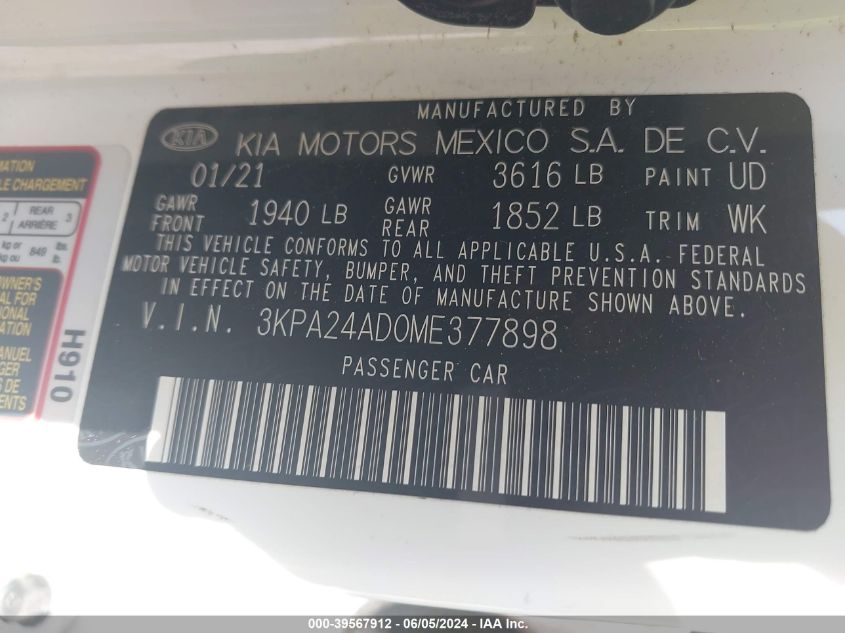 2021 Kia Rio S VIN: 3KPA24AD0ME377898 Lot: 39567912