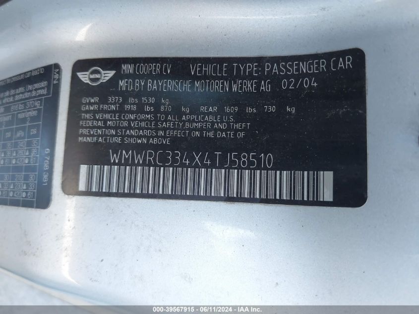 2004 Mini Cooper VIN: WMWRC334X4TJ58510 Lot: 39567915