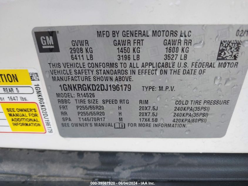 2013 Chevrolet Traverse 1Lt VIN: 1GNKRGKD2DJ196179 Lot: 39567920