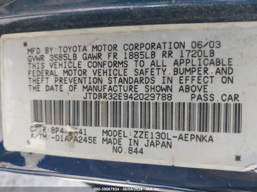 2004 Toyota Corolla Le VIN: JTDBR32E942029788 Lot: 39567934