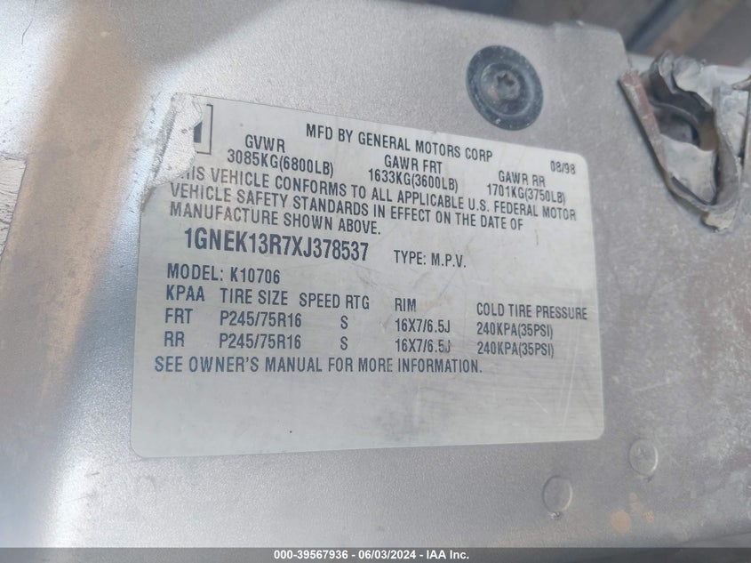 1999 Chevrolet Tahoe Ls VIN: 1GNEK13R7XJ378537 Lot: 39567936