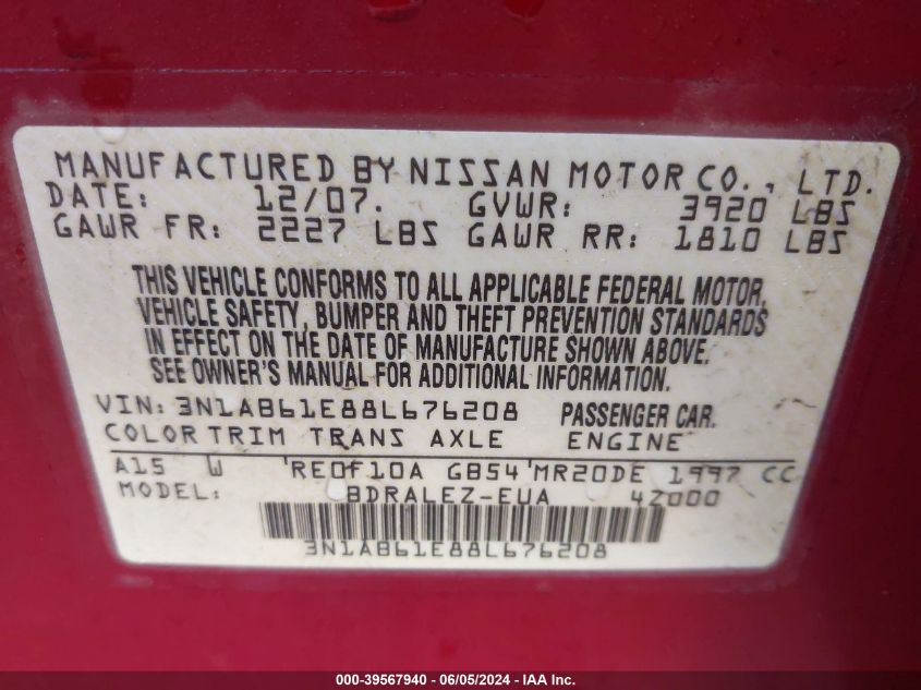 2008 Nissan Sentra 2.0S VIN: 3N1AB61E88L676208 Lot: 39567940