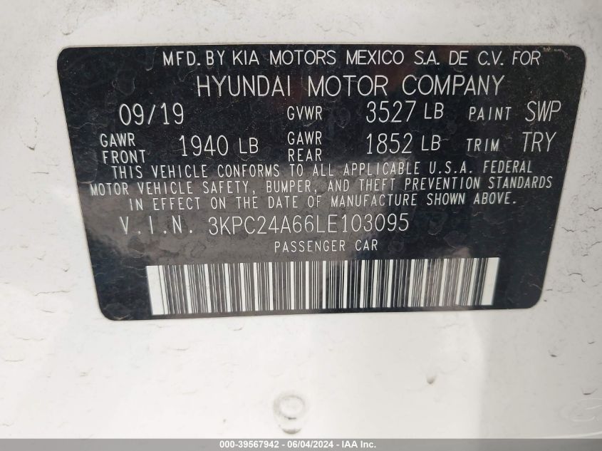 2020 Hyundai Accent Se VIN: 3KPC24A66LE103095 Lot: 39567942