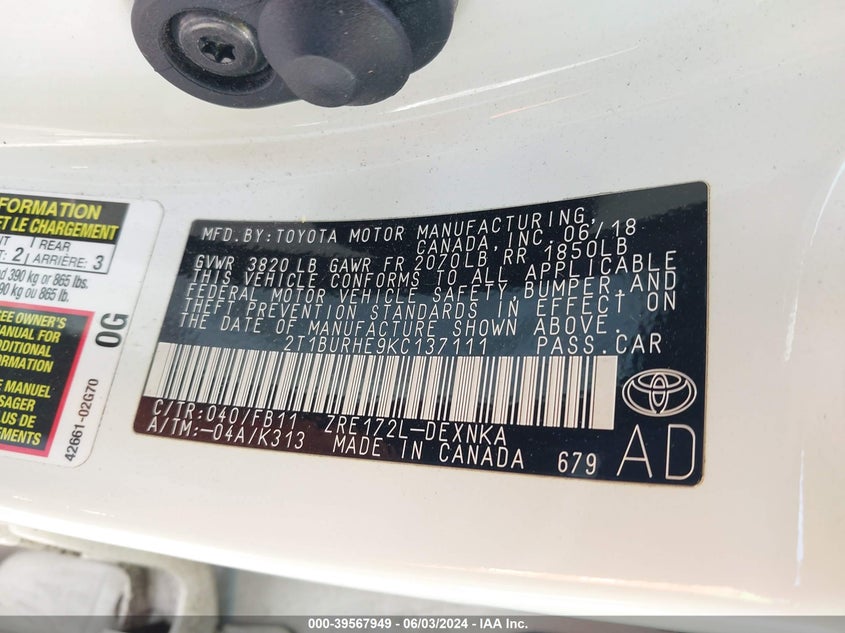 VIN 2T1BURHE9KC137111 2019 TOYOTA COROLLA LE