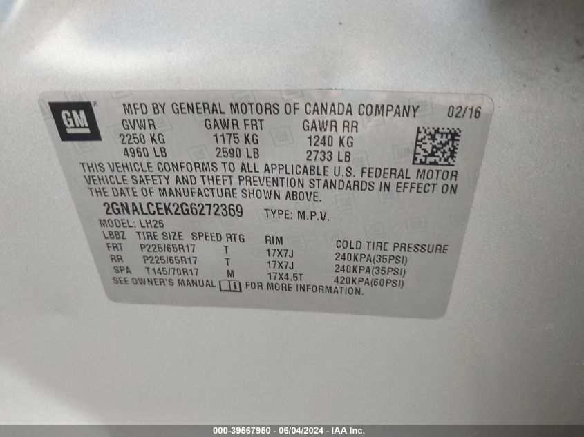 2016 Chevrolet Equinox Lt VIN: 2GNALCEK2G6272369 Lot: 39567950