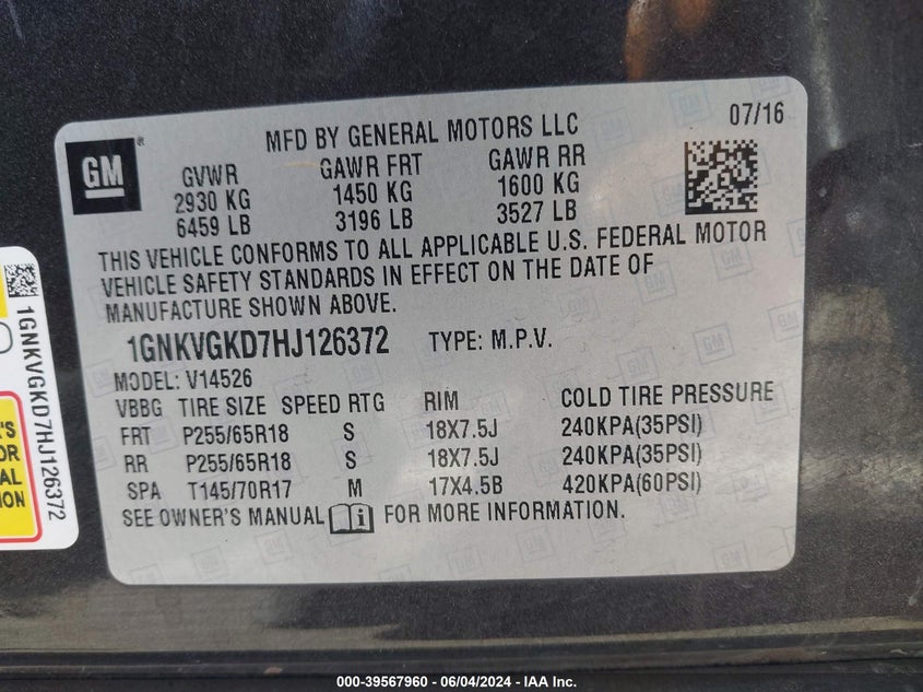 2017 Chevrolet Traverse 1Lt VIN: 1GNKVGKD7HJ126372 Lot: 39567960