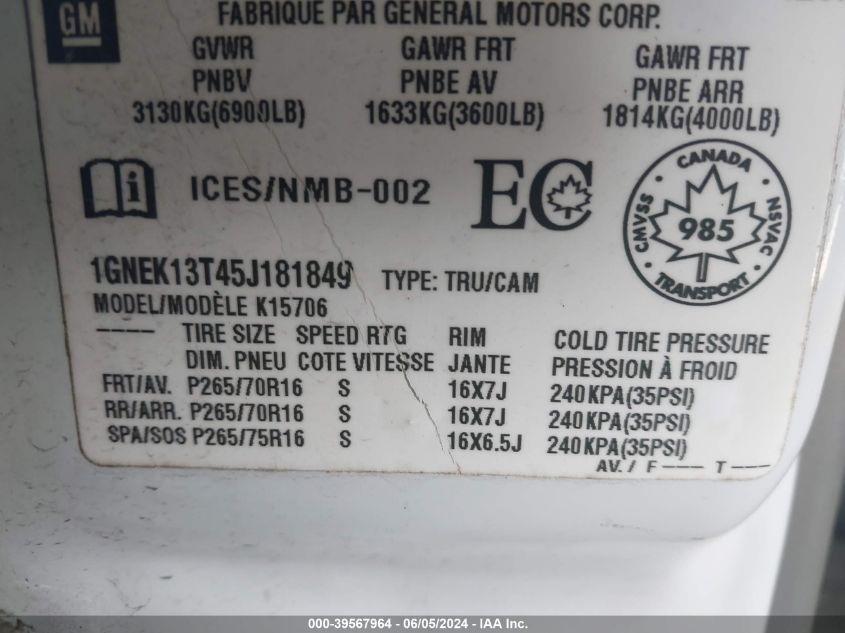 2005 Chevrolet Tahoe Ls/Lt/Z71 VIN: 1GNEK13T45J181849 Lot: 39567964