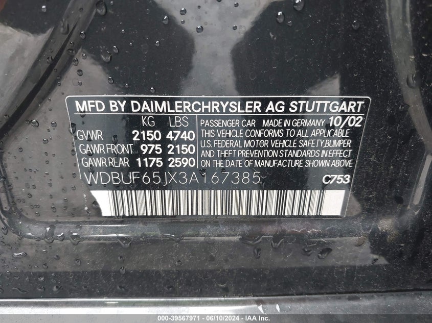 2003 Mercedes-Benz E 320 VIN: WDBUF65JX3A167385 Lot: 39567971