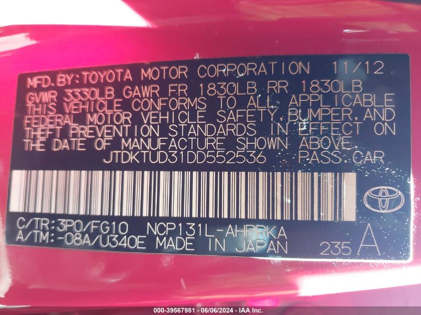 2013 Toyota Yaris Le VIN: JTDKTUD31DD552536 Lot: 39567981