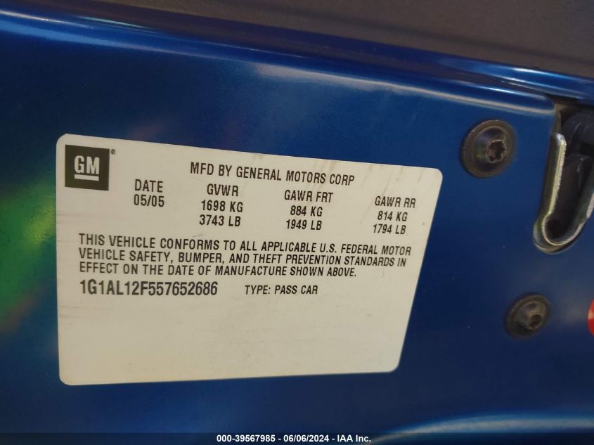 2005 Chevrolet Cobalt Ls VIN: 1G1AL12F557652686 Lot: 39567985