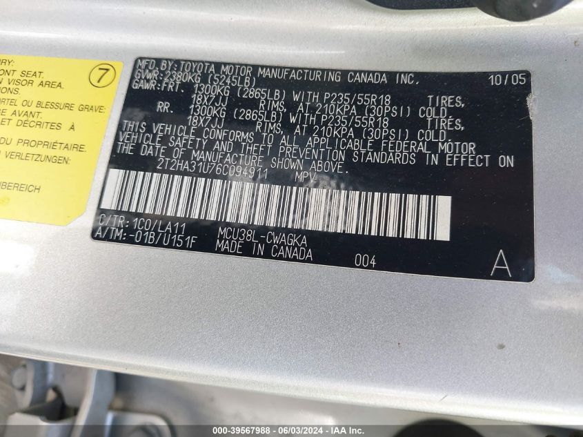 2006 Lexus Rx 330 330 VIN: 2T2HA31U76C094911 Lot: 39567988