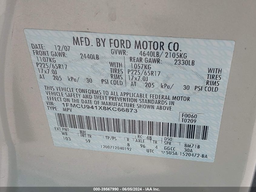 1FMCU941X8KC66873 2008 Ford Escape Limited