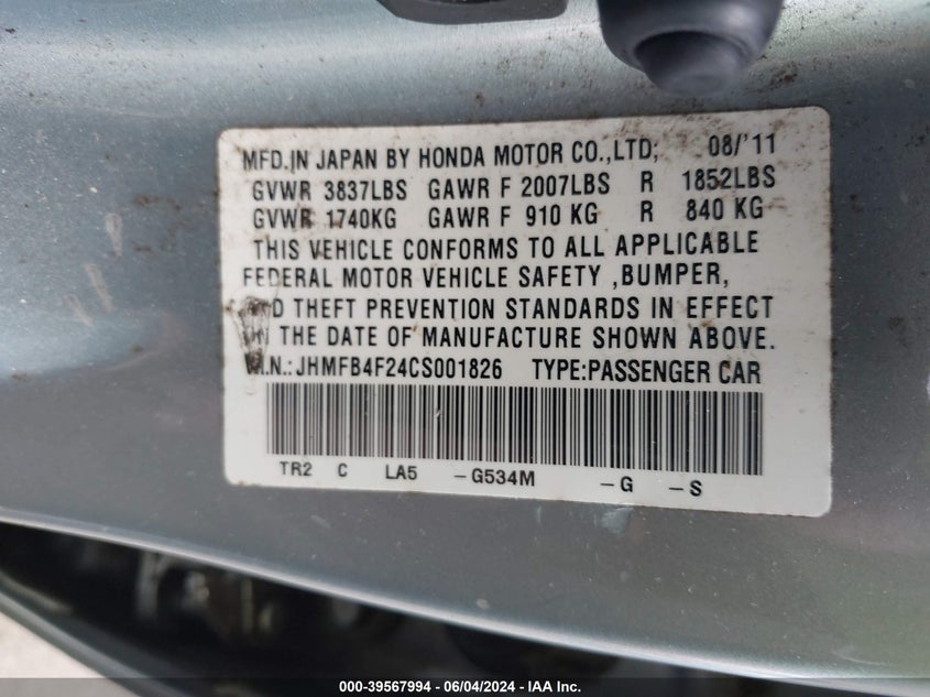 2012 Honda Civic Hybrid VIN: JHMFB4F24CS001826 Lot: 39567994