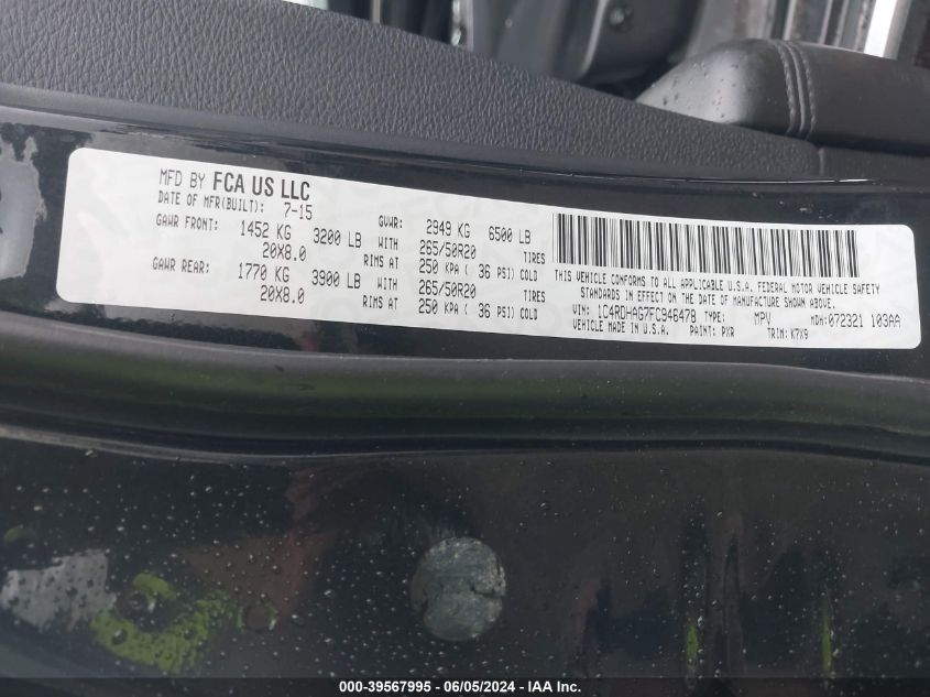 2015 Dodge Durango Sxt VIN: 1C4RDHAG7FC946478 Lot: 39567995