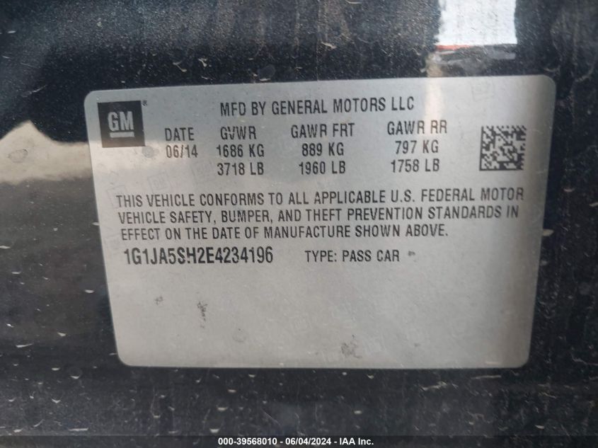 2014 Chevrolet Sonic Ls Auto VIN: 1G1JA5SH2E4234196 Lot: 39568010