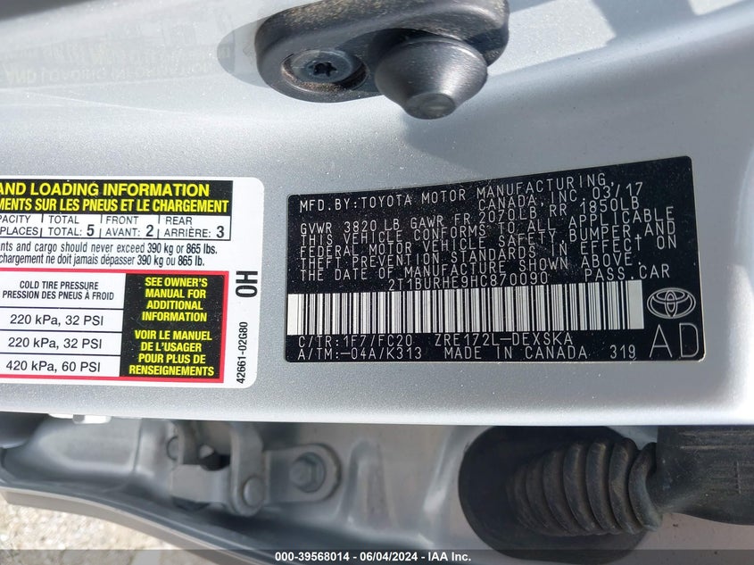 2017 Toyota Corolla Se VIN: 2T1BURHE9HC870090 Lot: 39568014