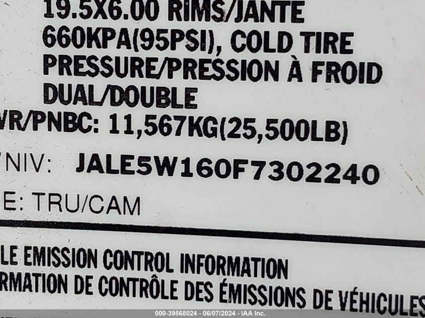 2015 Isuzu Dsl Reg At VIN: JALE5W160F7302240 Lot: 39568024