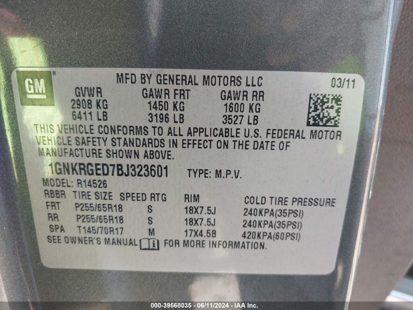 2011 Chevrolet Traverse 1Lt VIN: 1GNKRGED7BJ323601 Lot: 39568035