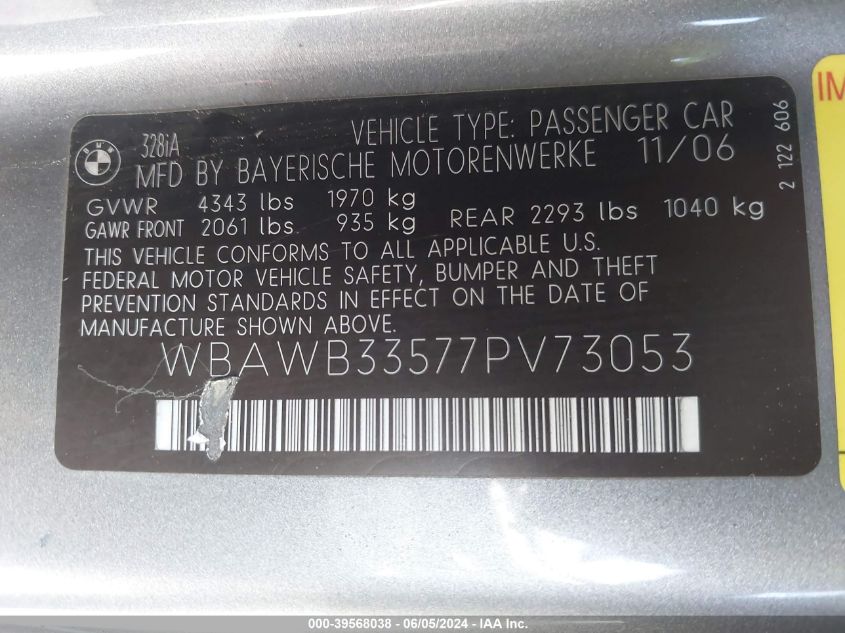 2007 BMW 328I VIN: WBAWB33577PV73053 Lot: 39568038