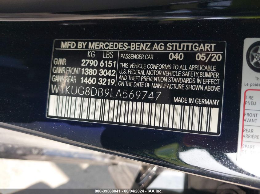 2020 Mercedes-Benz S 560 VIN: W1KUG8DB9LA569747 Lot: 39568041