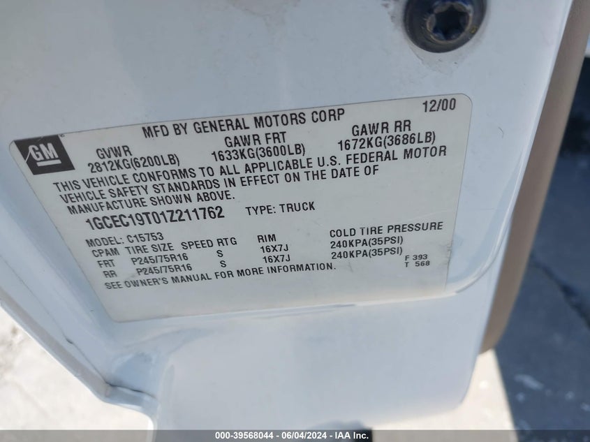 2001 Chevrolet Silverado 1500 Ls VIN: 1GCEC19T01Z211762 Lot: 39568044