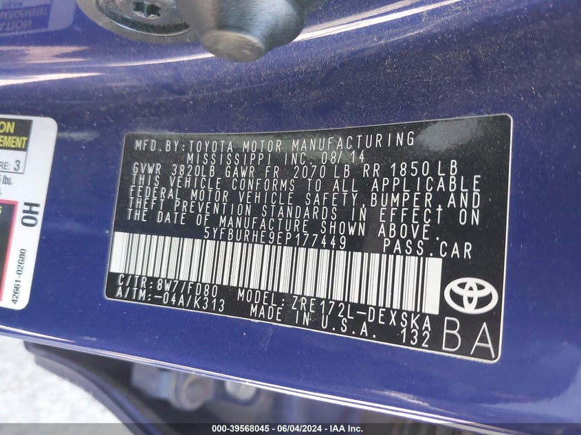 2014 TOYOTA COROLLA L/LE/LE PLS/PRM/S/S PLS - 5YFBURHE9EP177449