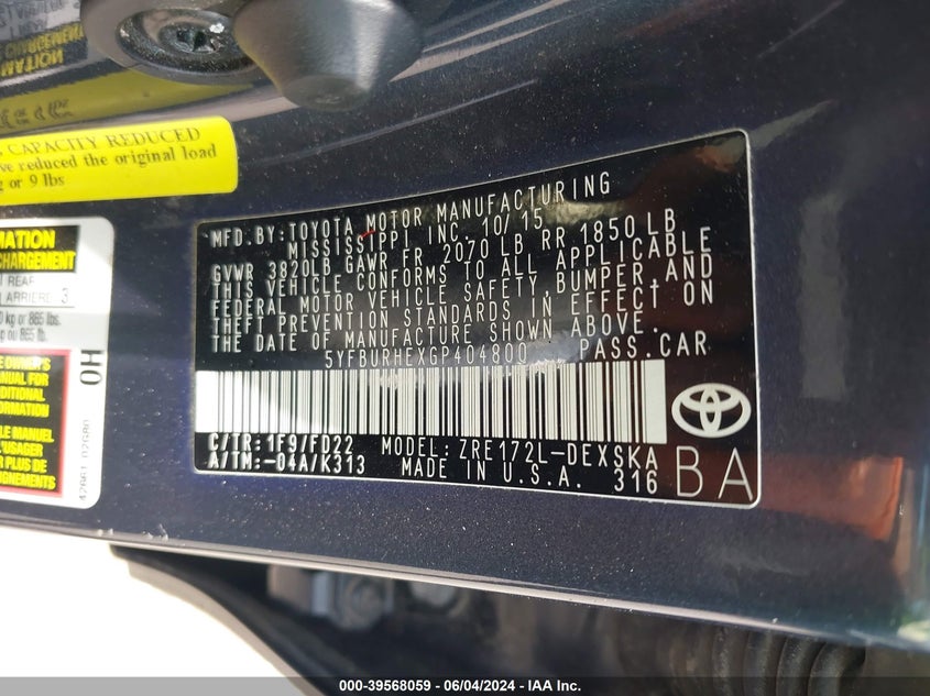 2016 Toyota Corolla S Plus VIN: 5YFBURHEXGP404800 Lot: 39568059